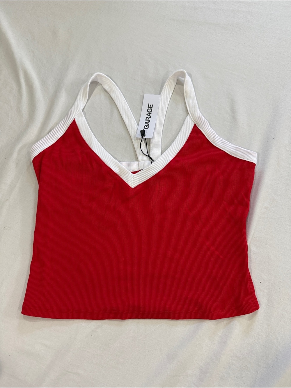 Garage Red Ribbed V-Neck Cropped Tank with White Trim